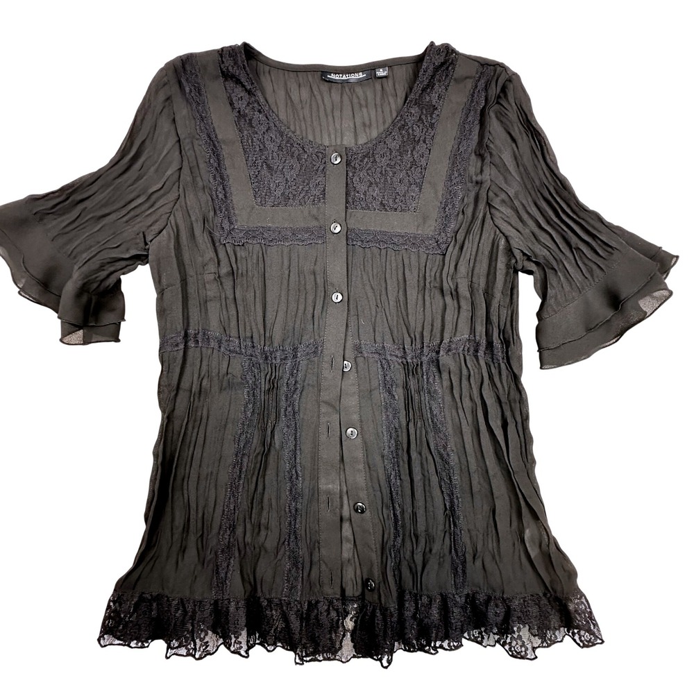 Notations Black Crinkle Lace Trim Button Front Ruffle Blouse Womens S Whimsigoth